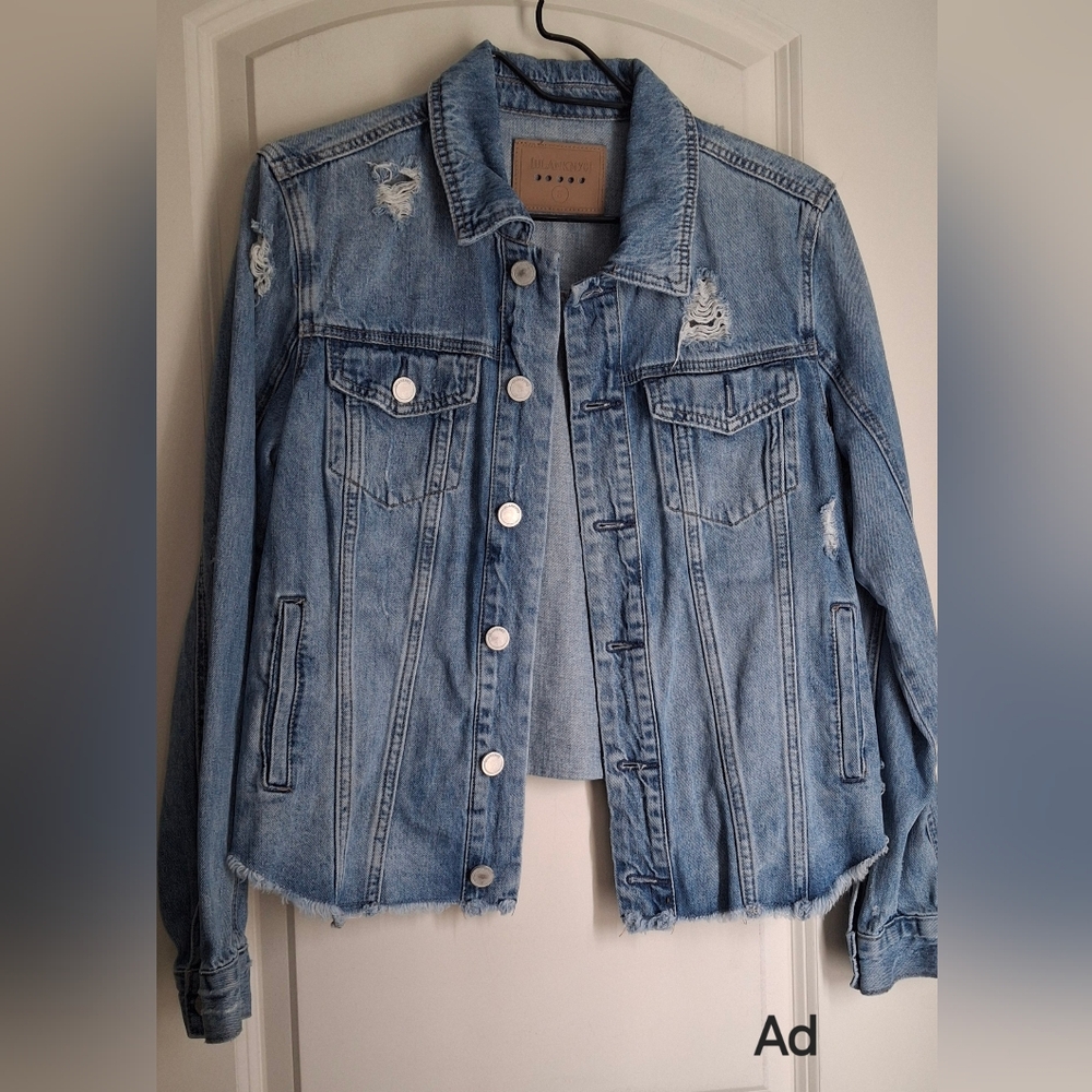 Blank NYC Womens S Distressed Frayed Raw Hem Fitted Denim Jean Jacket Light